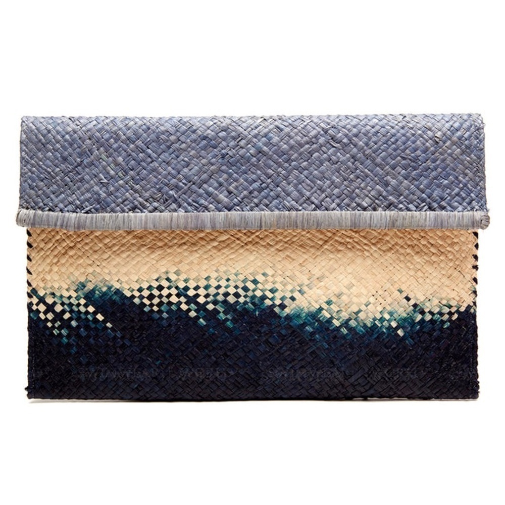 Mar Y Sol Natural/Dove/Navy Ariel Woven Ombre Large Raffia Clutch EUC One Size